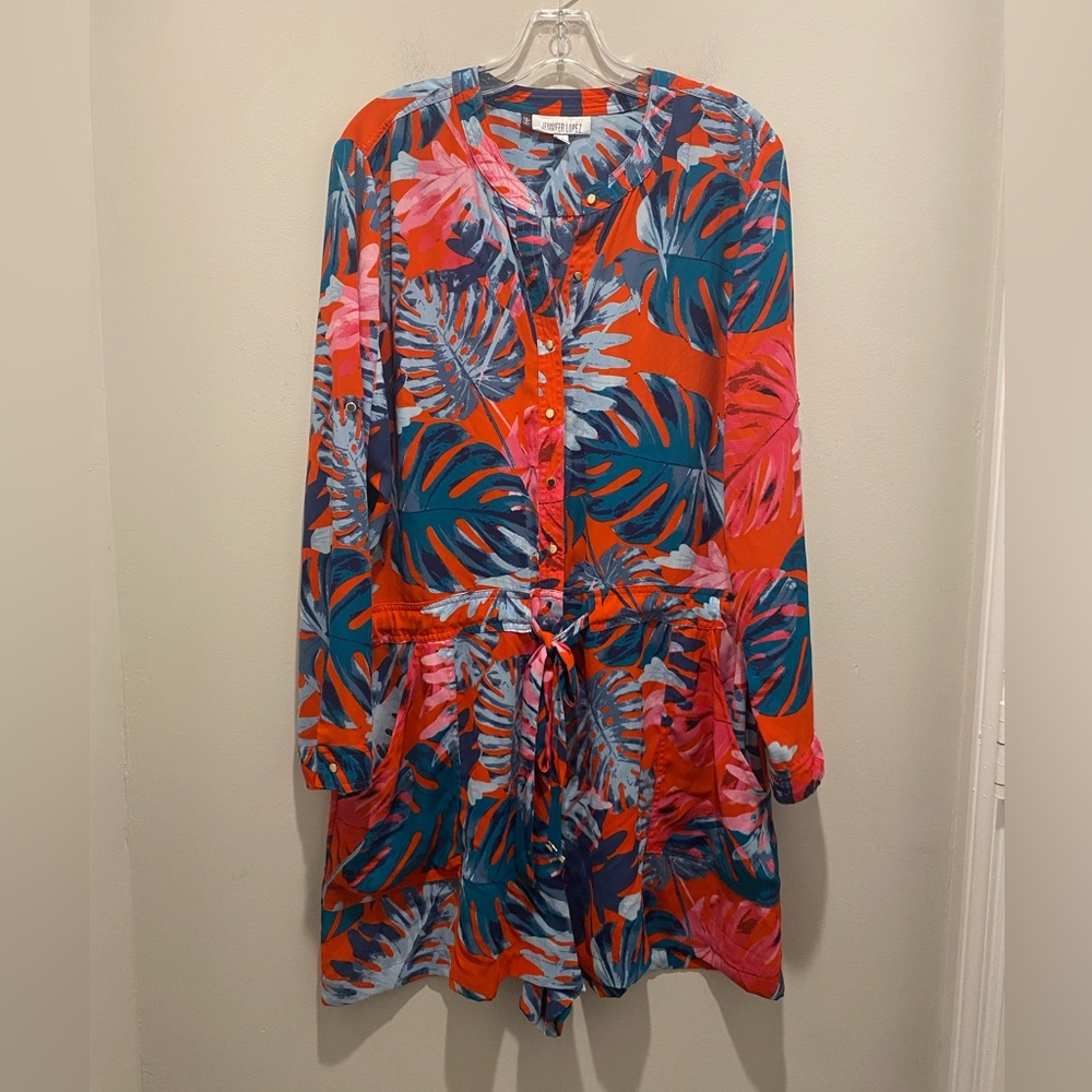 Jennifer Lopez Red and Teal Leaf-Print Romper Women’s Size 18 Plus Size EUC